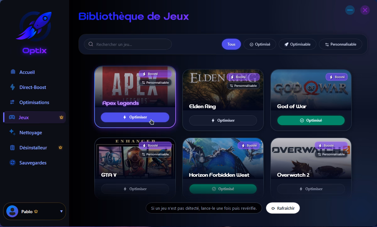 Interface logicielle Optix profils