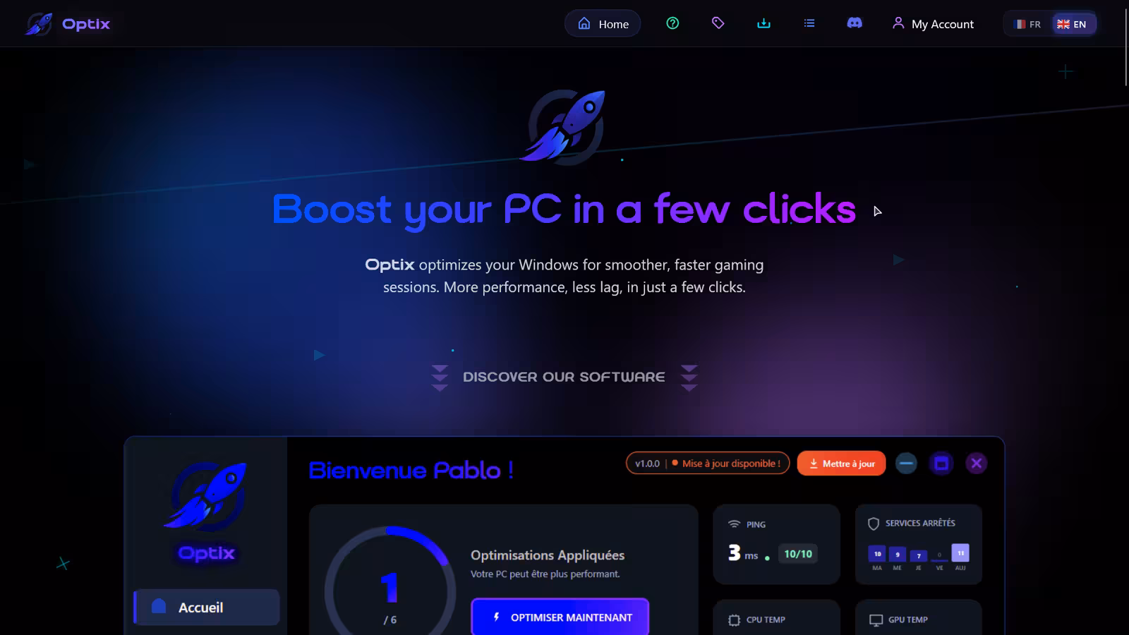 Capture de la landing page Optix